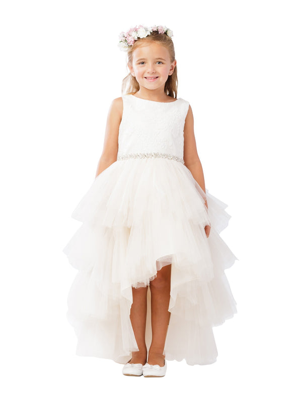 Big Girls Champagne Lace Beaded Sash Hi-Low Junior Bridesmaid Dress 8-12 - SophiasStyle.com